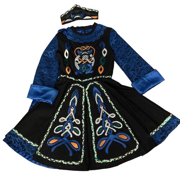 Vintage traditional Irish step dancing dress handmade, black & blue small medium - Picture 4 of 16